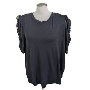 Philosophy Woman NEW Plus 2X Top Blouse Black Ruffle Sheer Short Sleeve Stretch